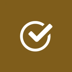 White checkmark inside circle on brown background.