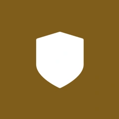 White shield icon on brown background.