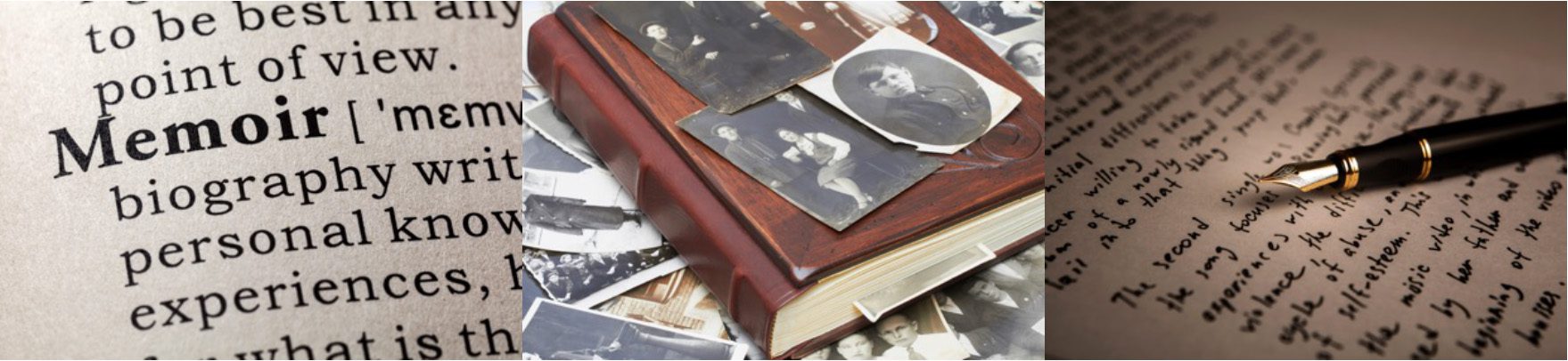 Old photo album with black and white pictures scattered around.