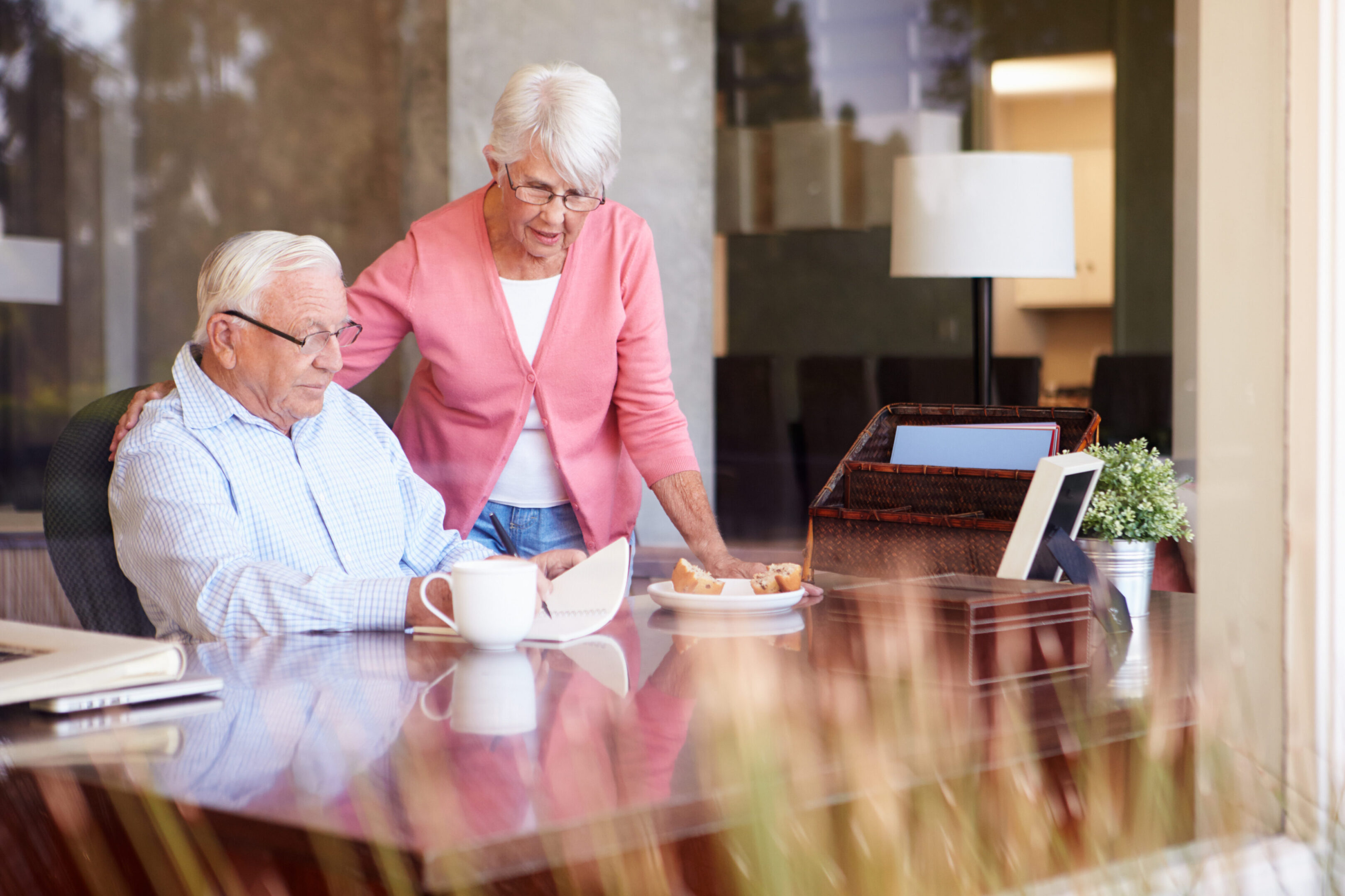 Senior couple discussing finances with a professional advisor.