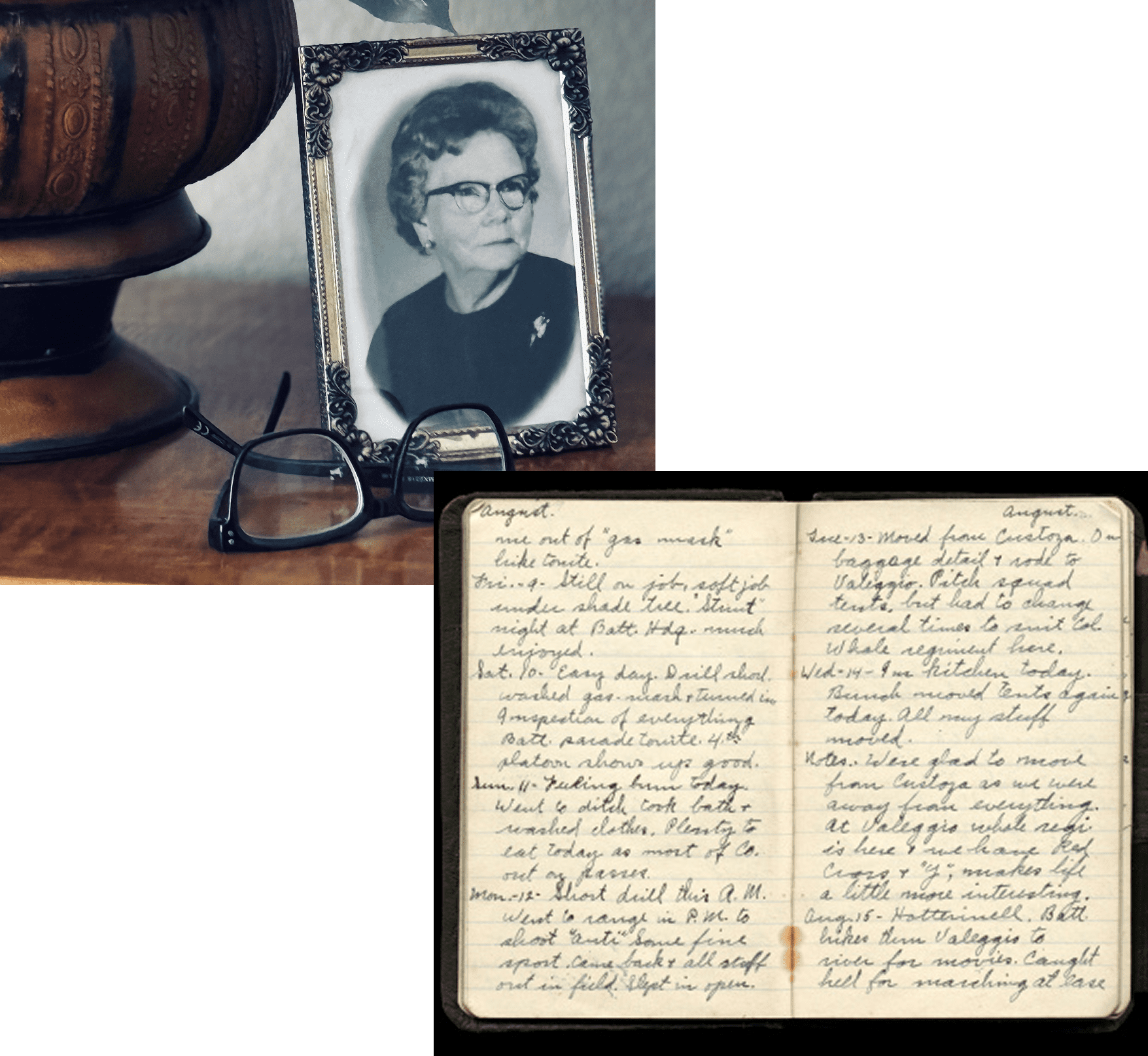 A black-and-white portrait of a woman next to an open handwritten diary.