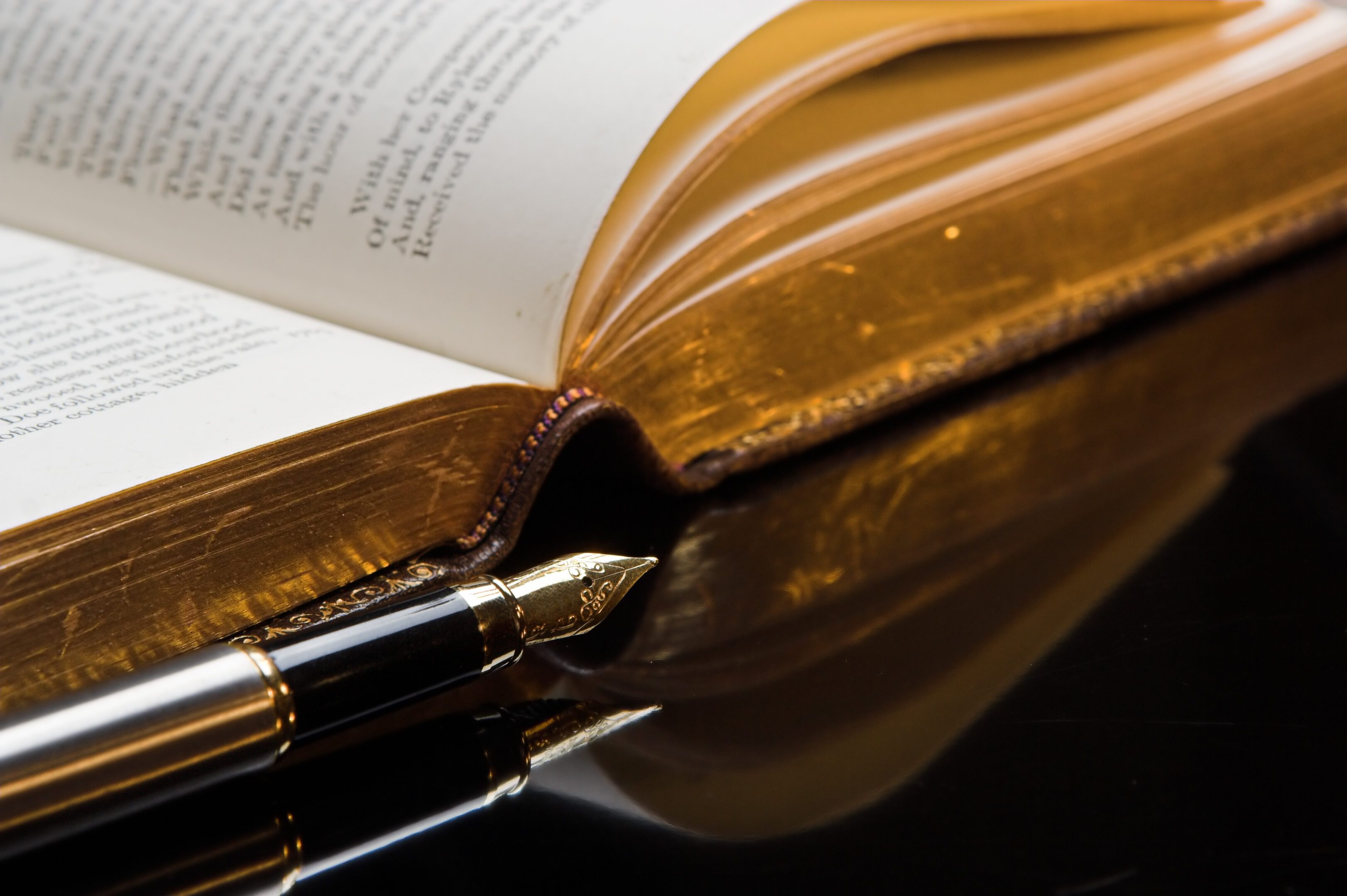 Close-up of an open book with a fountain pen resting on its spine.